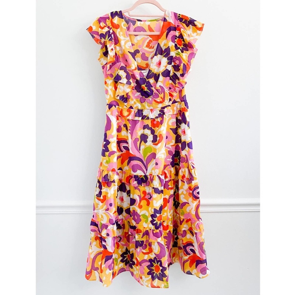 J.Crew Ruffle Tiered Midi Spring Dress Ratti Print Yellow